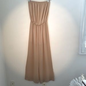 Iris Design Inc. Strapless Sheer Lined Wide Leg Jumpsuit Size Small in Tan